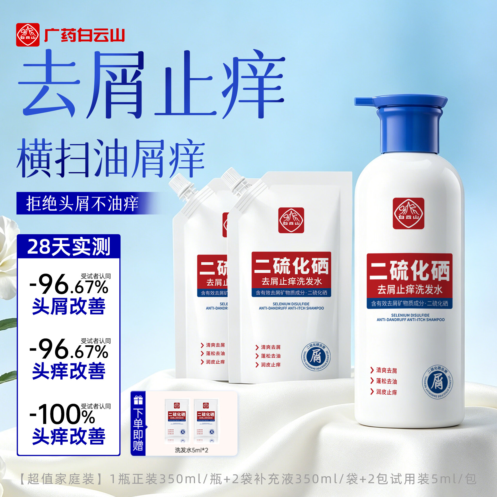 白云山二硫化硒洗发水去屑止痒控油蓬松清爽无硅油洗发露1瓶+2袋1050ml