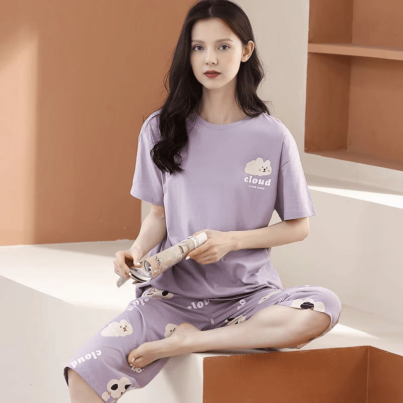 芬腾睡衣女士纯棉夏季薄款短袖七分裤休闲夏天清新熊猫家居服套装 FX25290214香芋紫 2XL 建议145-160斤