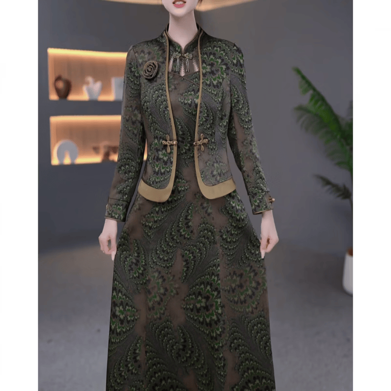 香影纯新中式改良连衣裙套装女2026春秋新款妈妈气质显瘦两件套长袖裙子 图片色 M (建议85-100斤)