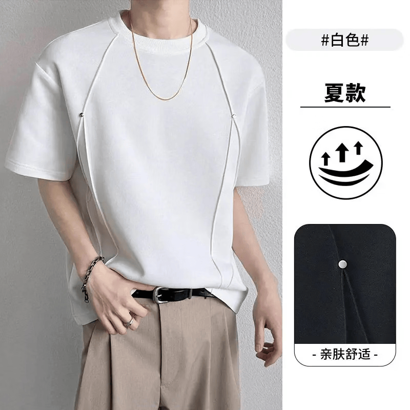 潮衫酷【立体压褶铆钉】夏季宽松短袖T恤男休闲百搭大码高级感体恤衫 白色 M 建议85-100斤