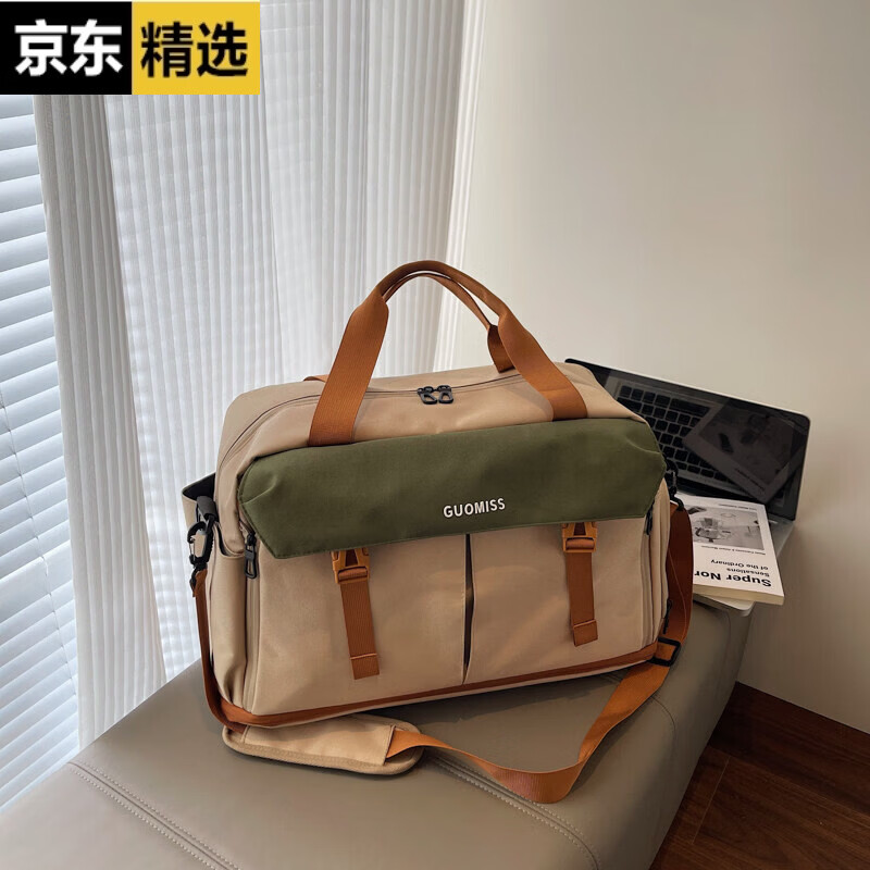 稻草人大容量旅行包女短途手提出差轻便行李袋男扩容斜挎运动健身包游泳 卡其色  可扩容