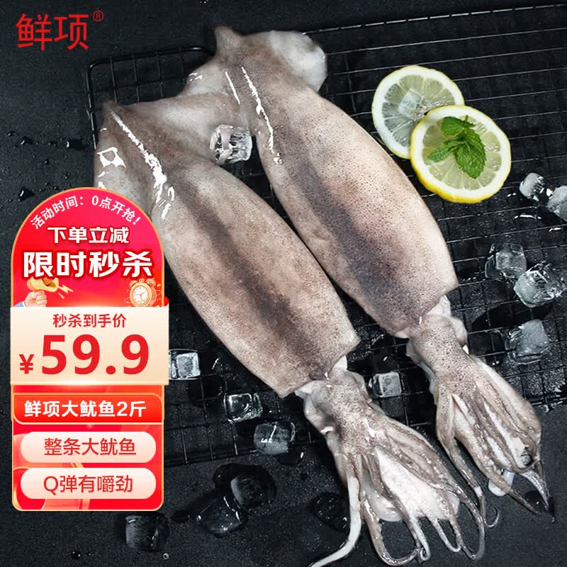 鲜项 鲜冻整条大鱿鱼2-4条净重2斤 火锅烧烤食材轰炸大鱿鱼软足类