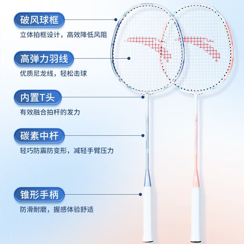 安踏(ANTA)全碳素羽毛球拍一对套装专业级儿童小学生6-15岁全碳素超轻耐打 高颜值碳素对拍【赠六球+2手胶+球包】
