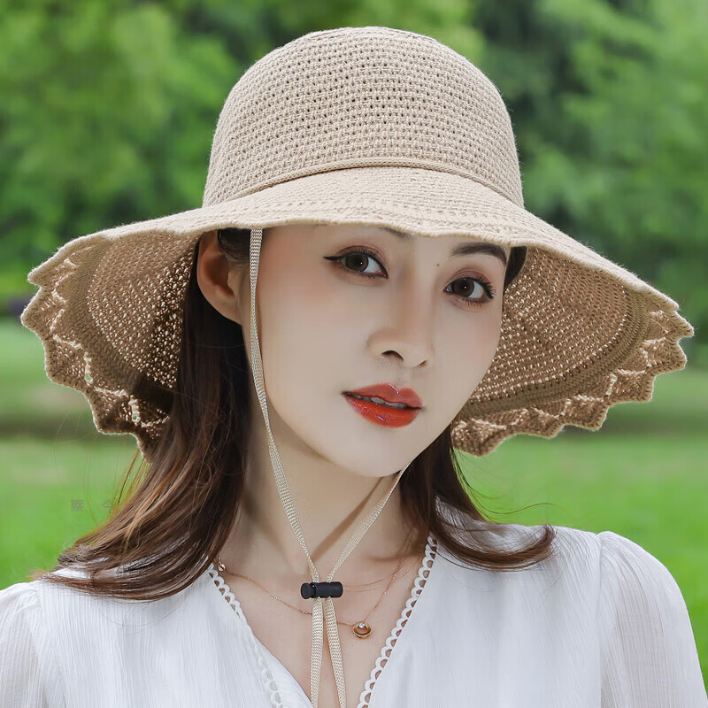 察今 新款2025可水洗折叠帽子女春夏季防晒遮阳帽夏天凉帽百搭渔夫帽 卡其色【带防风绳】