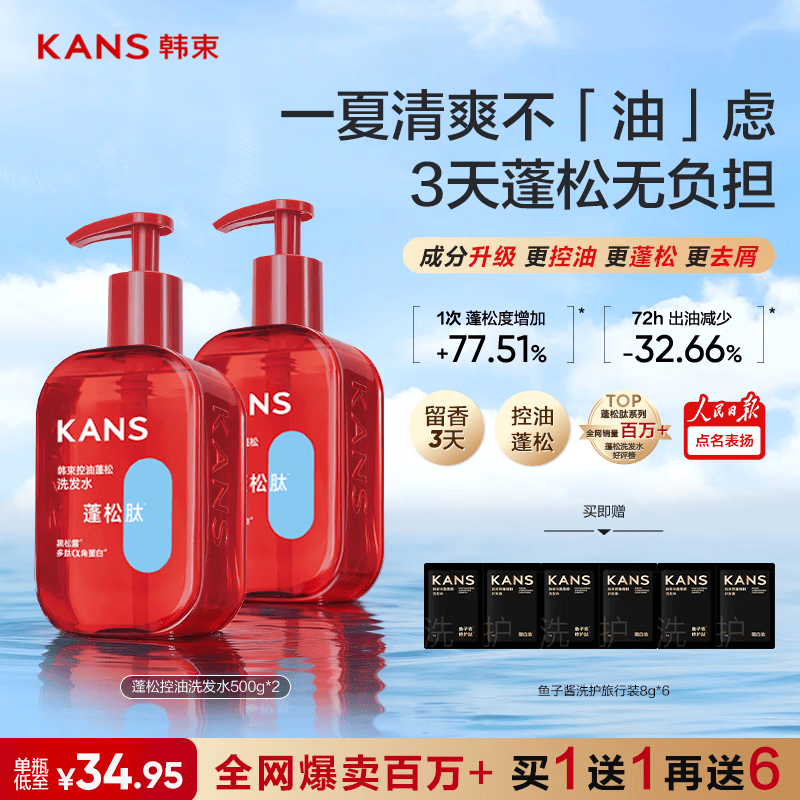 韩束【新华网推荐】控油蓬松去屑止痒洗发水套装男女士持久留香500g*2