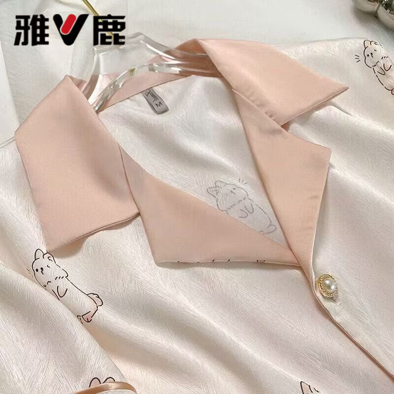 雅鹿三件套夏天冰丝睡衣女短袖短裤加肥加大码胖mm甜美绸缎家居服套装 三件套-白色兔子 XL 建议110-125斤