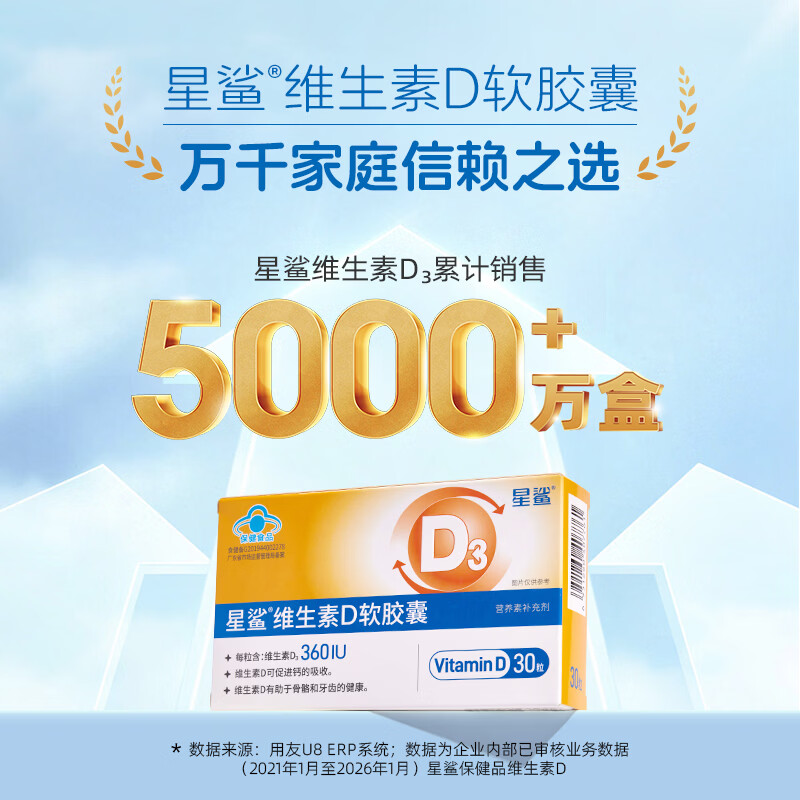 星鲨维生素D3软胶囊d3滴剂儿童成人补充营养 30粒*6盒