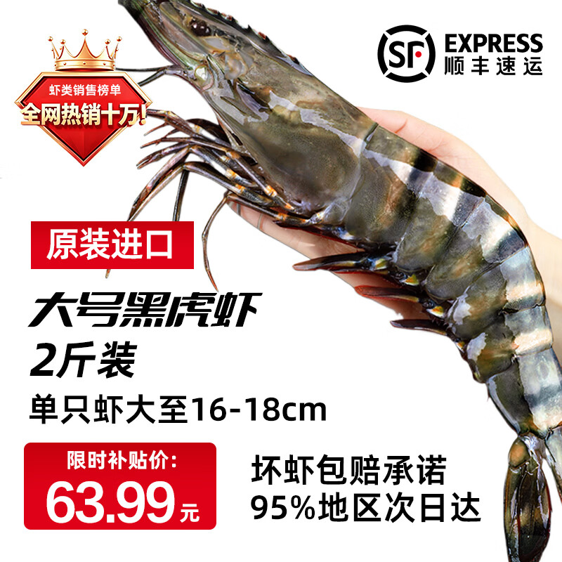 缤鲜 新鲜黑虎虾 超大活冻老虎虾鲜活特大基围虾 印度虾类海鲜水产 【16-18cm】 1000g(净重) 
