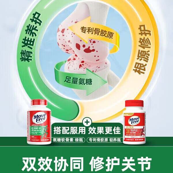 益节健康Move Free进口氨糖维骨力中老年人骨质疏松腰腿疼护关节  红瓶巩固3周期 氨糖软骨素钙片 200粒*5瓶