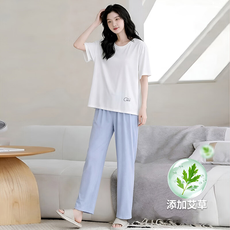 有只绵夏季艾草情侣睡衣套装男士宽松大码女士睡衣空调服 艾草紫色 女款-短袖+长裤套装 L