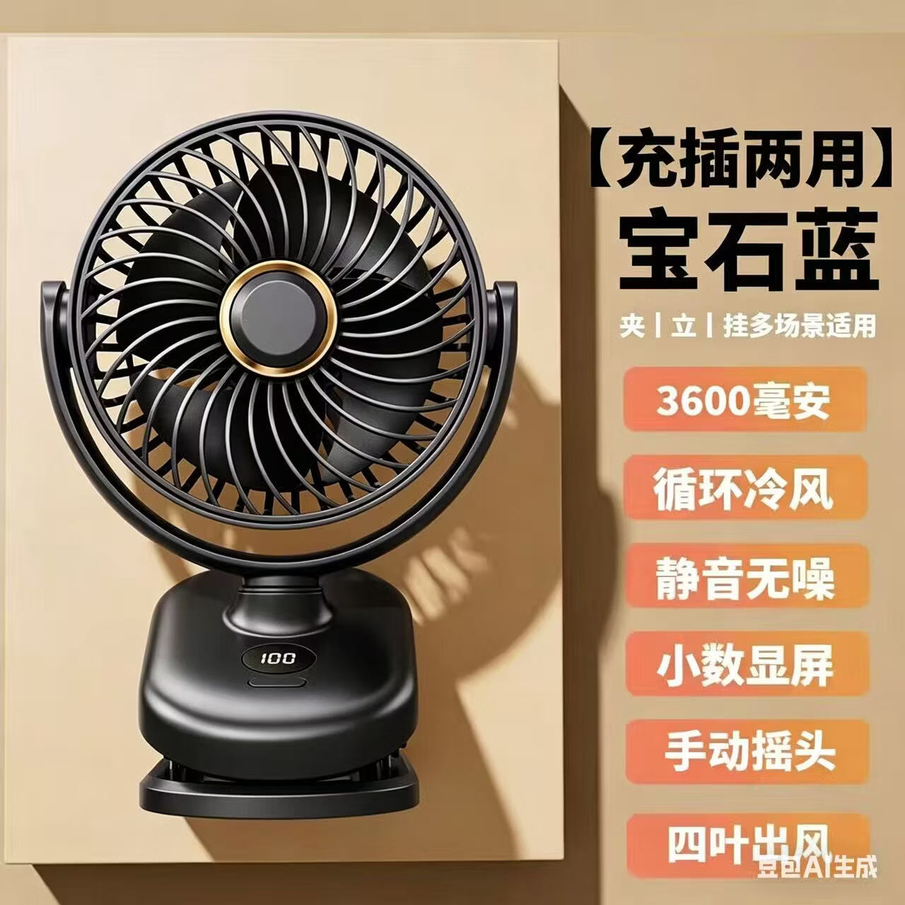 菲天【M】桌面小风扇办公室便携式宿舍床上超长续航婴儿USB电风扇 黑色【充插两用】3600毫安