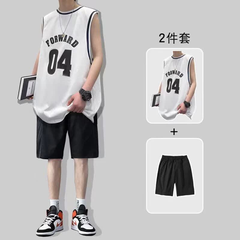 狄保特短袖t恤男宽松套装衣服男夏季冰丝速干无袖背心男学生运动休闲男 白色上衣+黑色短裤 M [建议80-100斤]