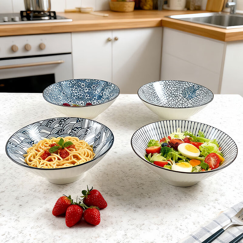 肃匠陶瓷斗笠碗家用大汤碗日式拉面碗ins餐具复古国风拌面碗 国潮8英寸斗笠碗4只【混色】