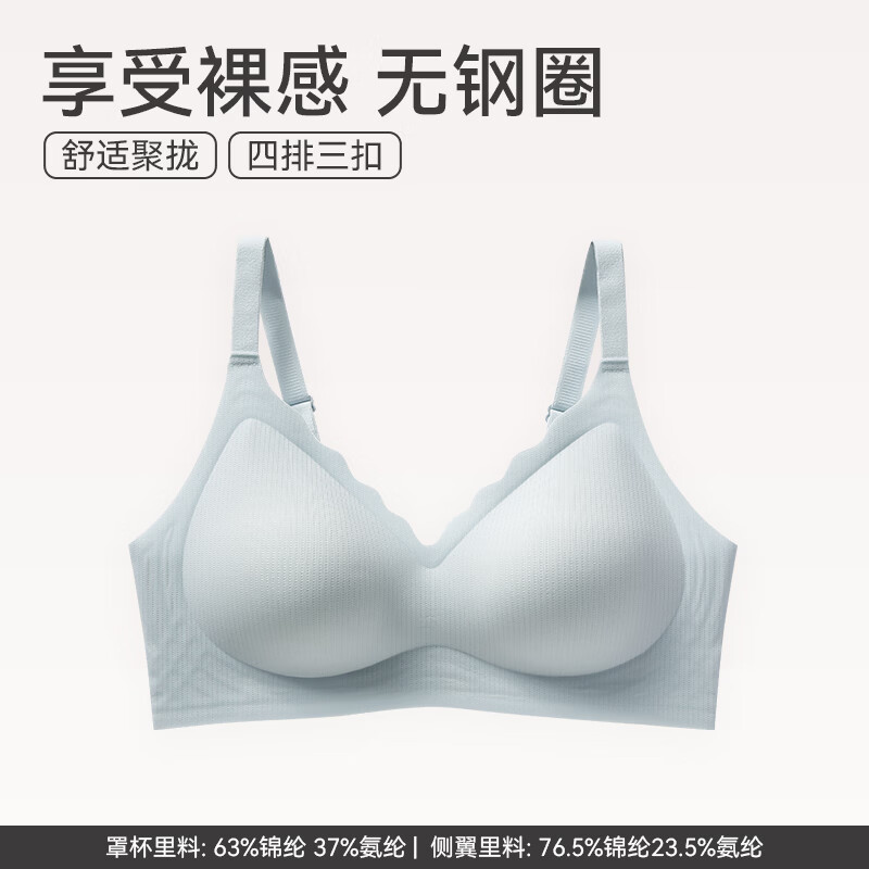芬腾小冰皮文胸女大胸显小夏季薄款凉感文胸光面无钢圈收副乳胸罩 FB25690154浅蓝 L
