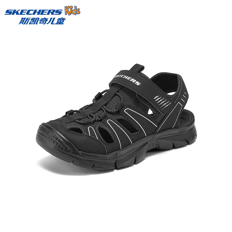 Skechers斯凯奇奥莱儿童夏季男女童包头凉鞋大童沙滩男孩鞋子406520L 男童/黑色/银色/BKSL 35