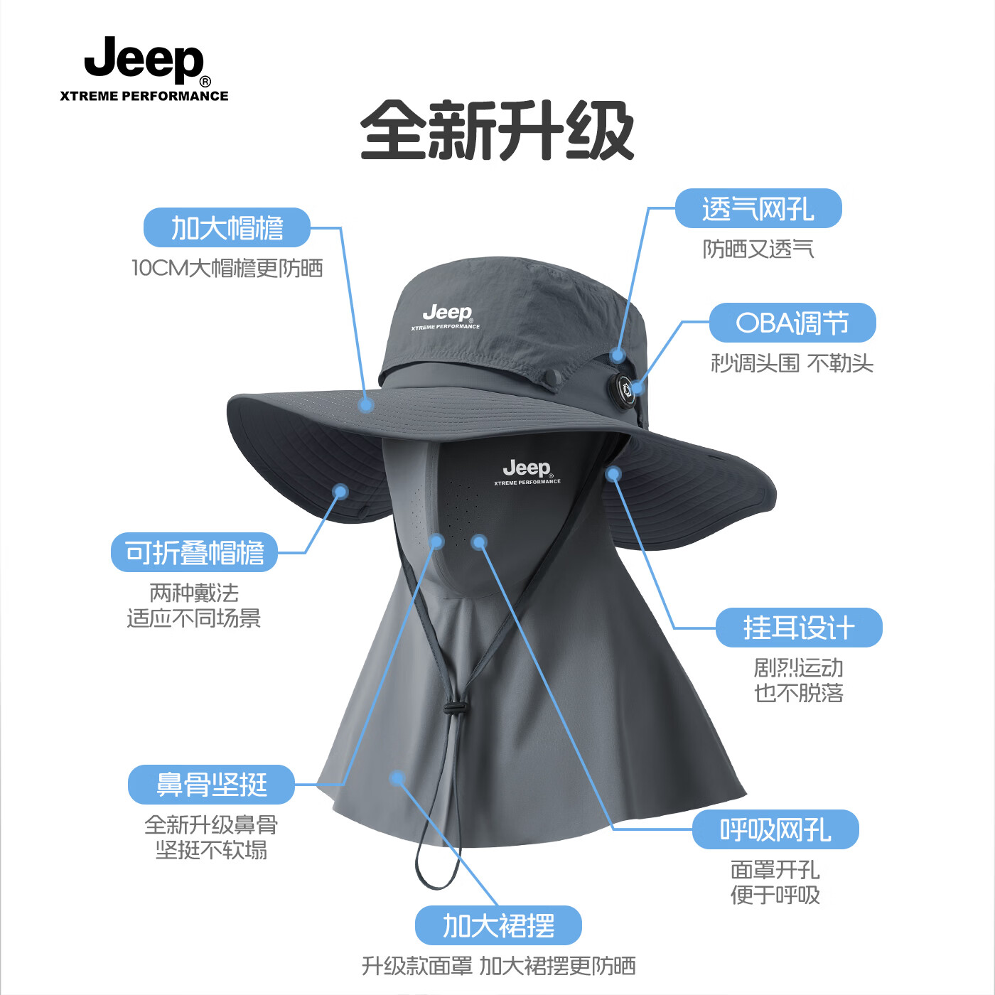 JEEP帽子男士夏季户外防紫外线渔夫帽遮阳帽男登山帽钓鱼防晒帽太阳帽 黑色两件套【帽子+立体面罩】 均码【头围适用55-63CM】