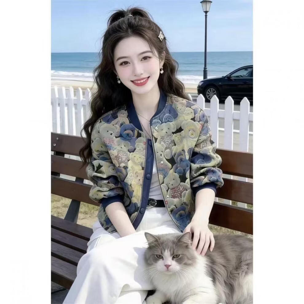 2026春季小众时尚小熊短款外套女休闲宽松气质百搭夹克 蓝色 3XL 150-165斤