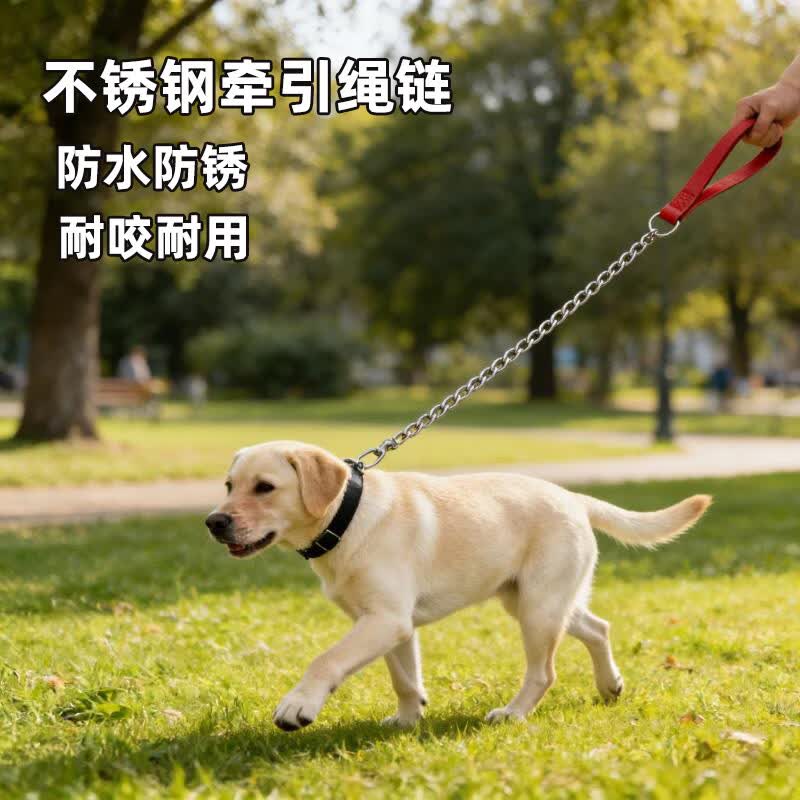 斯派科铁链狗绳狗狗不锈钢牵引绳防咬遛狗绳小中大型犬铁绳拴狗耐用套装 不锈钢链(1.5米直径3.0mm)+黑色项圈L码[18-35斤】