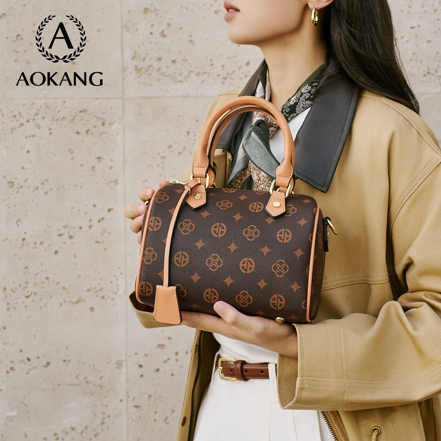 奥康（Aokang）包包女包手提包新款复古托特包印花斜挎单肩包生日礼物高级感实用 BG703004-咖色