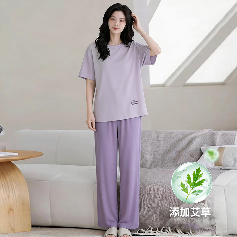 有只绵夏季艾草情侣睡衣套装男士宽松大码女士睡衣空调服 艾草紫色 女款-短袖+长裤套装 L
