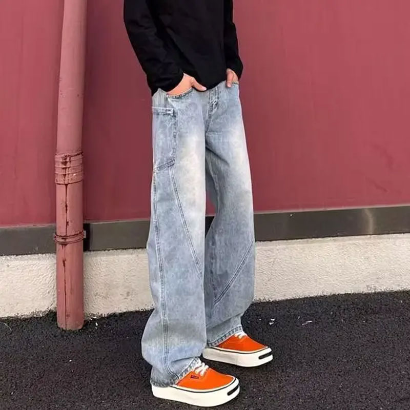 春季口袋设计长裤男士美式休闲宽松直筒显瘦弯刀牛仔长裤CLQ 浅蓝色 2XL (建议145-160斤)