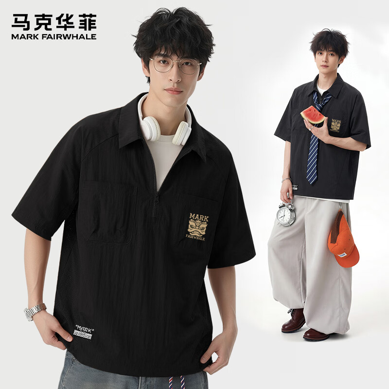马克华菲（MARK FAIRWHALE）透气冲孔拼接设计POLO衫男夏季新款潮流宽松休闲翻领简约港式上衣 【亲肤透气】-黑#JMK金醒狮头 XL