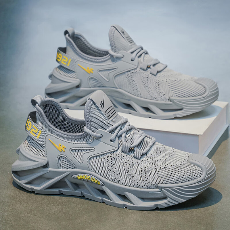 双星（shuangxing）男鞋2026年夏季新款飞织薄款网鞋透气耐磨休闲运动鞋男士跑步鞋 灰色WDSM-71128高品质 42