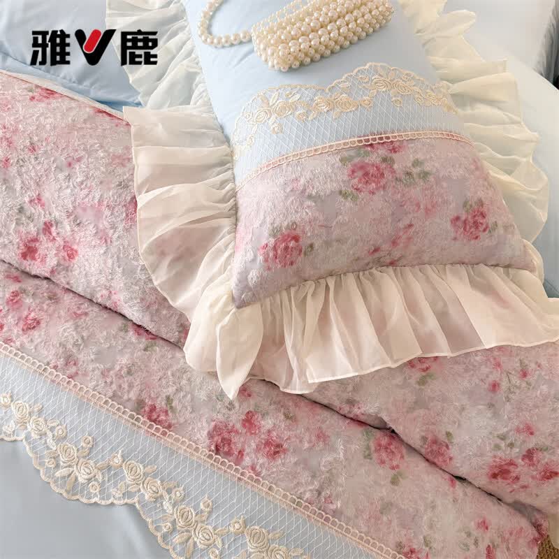 雅鹿水洗亲肤棉雪纺花边蕾丝刺绣法式床裙韩版四件套家用公主风 爱丽丝-蓝 1.8 床笠款 （被套200*230cm） 四件套