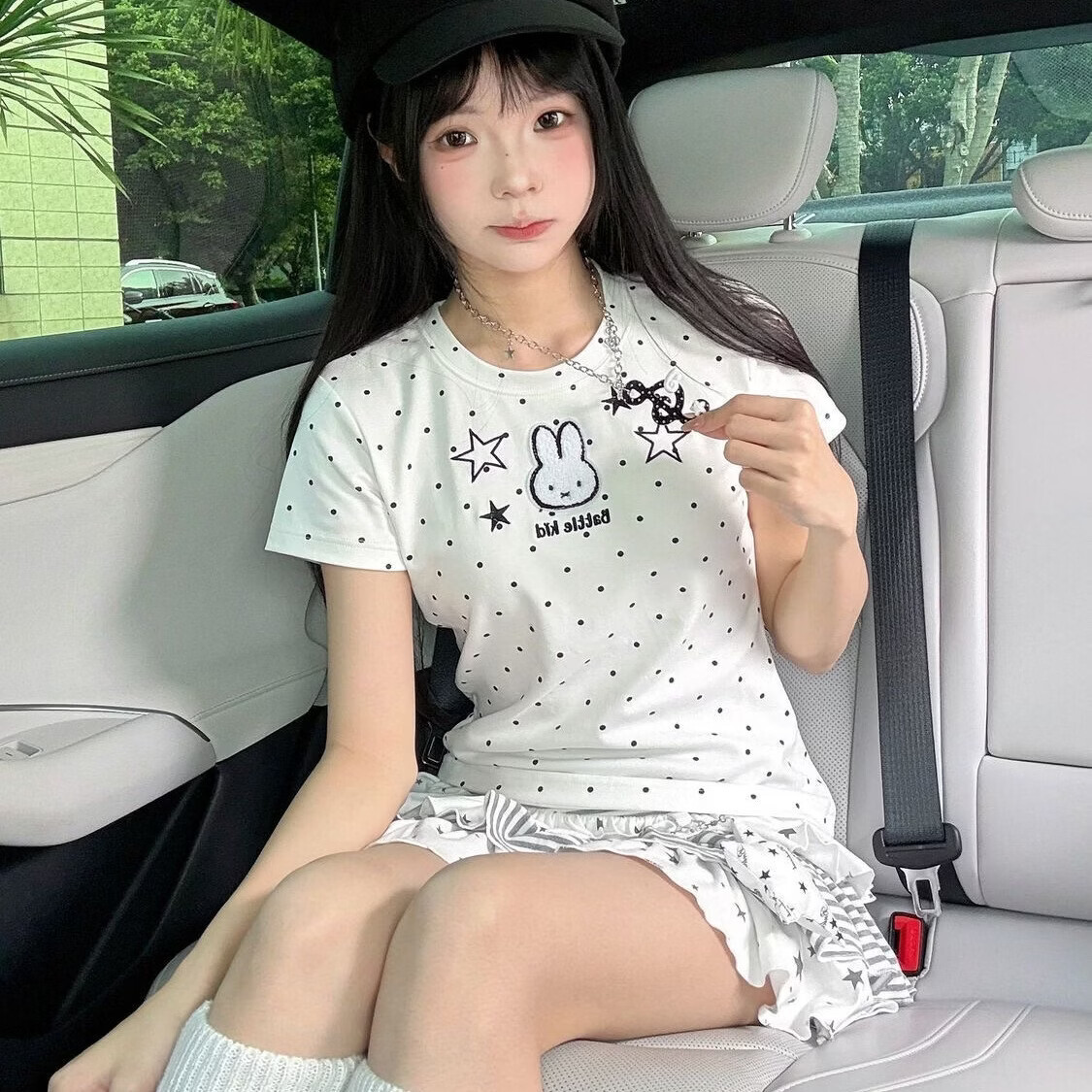 梵米兴满印波点可爱小兔短袖T恤女夏季日系宅萌软妹短款修身显瘦上衣潮 黑色刺绣【高品质棉】 XL 建议115-130斤