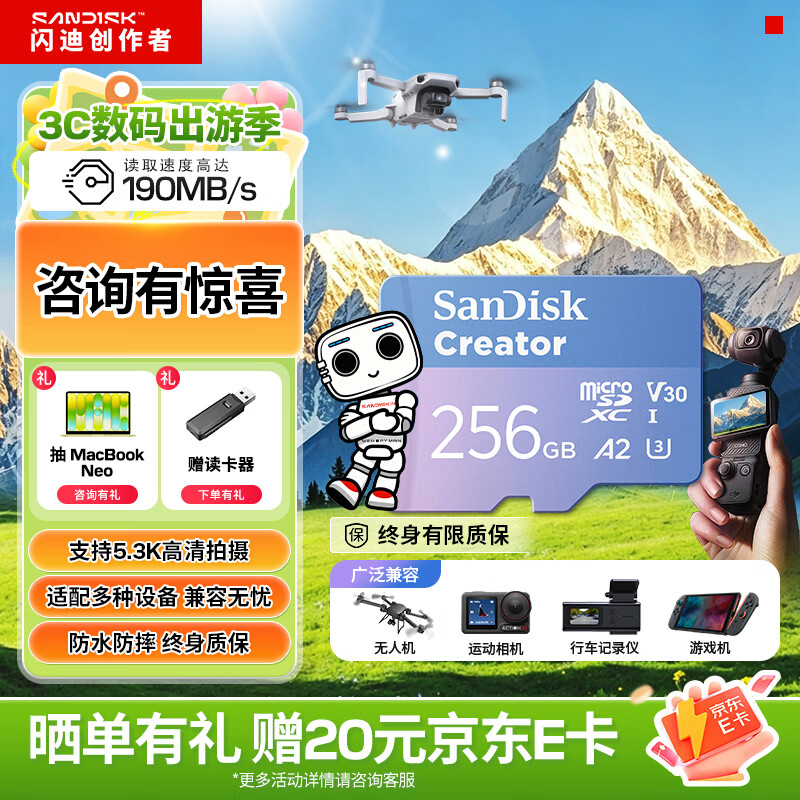 闪迪（SanDisk）创作者 闪迪内存卡TF卡 行车记录仪运动相机无人机监控存储卡 运动相机大疆pocket3/4内存卡 V30极速粉卡 256GB 官方标配