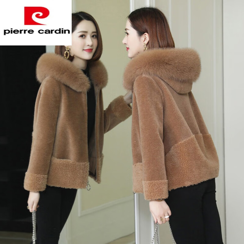 皮尔卡丹品牌女装 颗粒绒外套女短款秋冬季女仿狐狸毛领皮草颗粒绒连