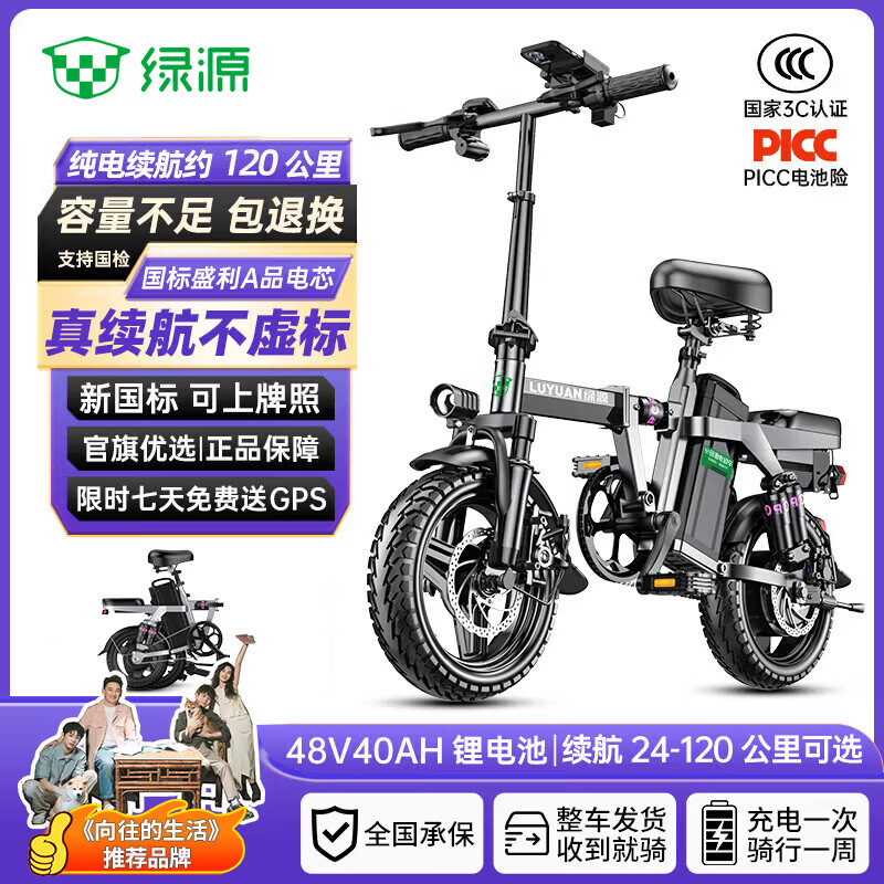 绿源【向往的生活推荐品牌】电动自行车新国标代驾折叠电动车超长续航铝合金锂电池助力电瓶车 航空铝合金灰色-40A-纯电120公里