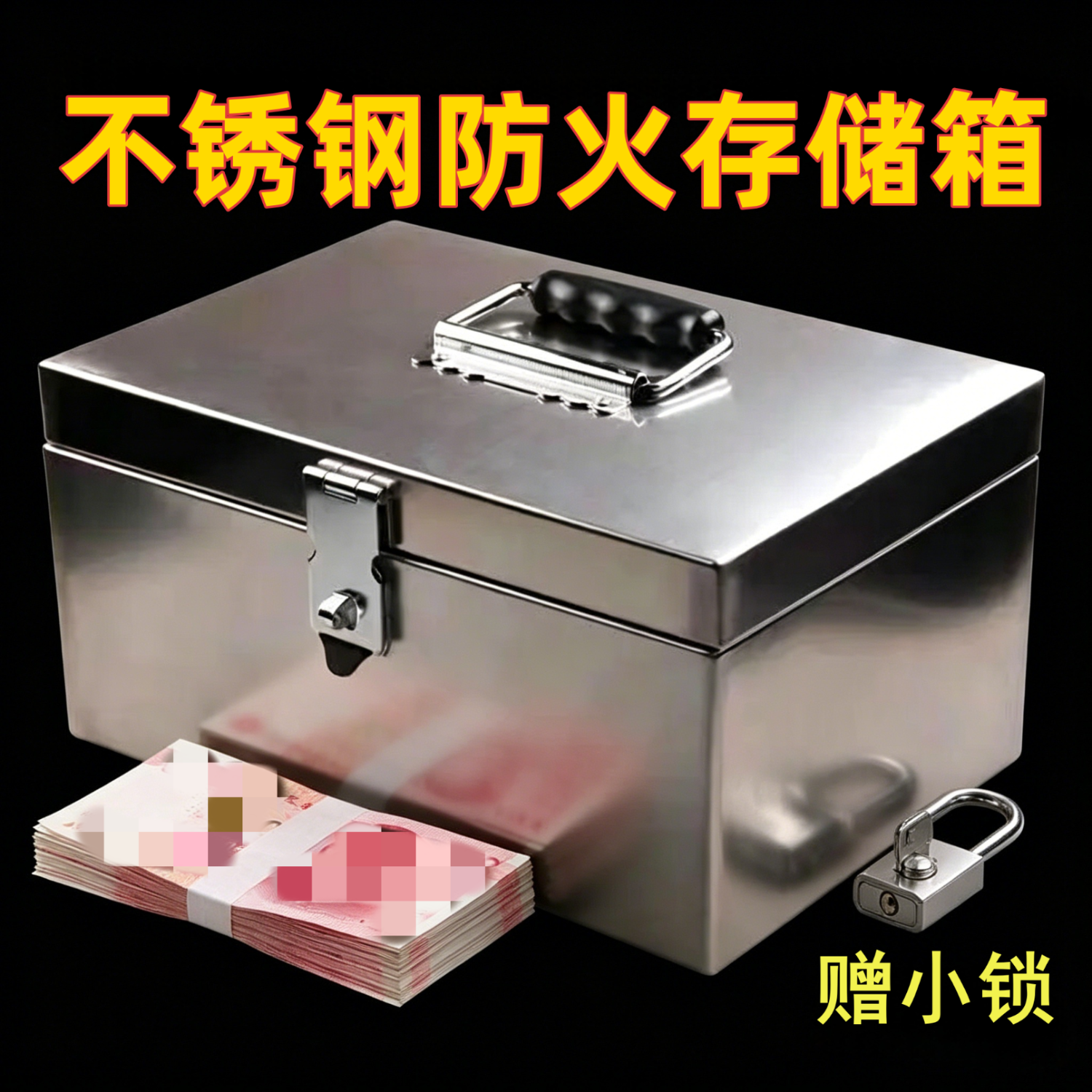 尤克达蒂收纳箱加厚不锈钢箱子装钱盒防火保管箱带锁密码存钱箱财务工具箱 挂锁 16*11*9cm （小号装5万）