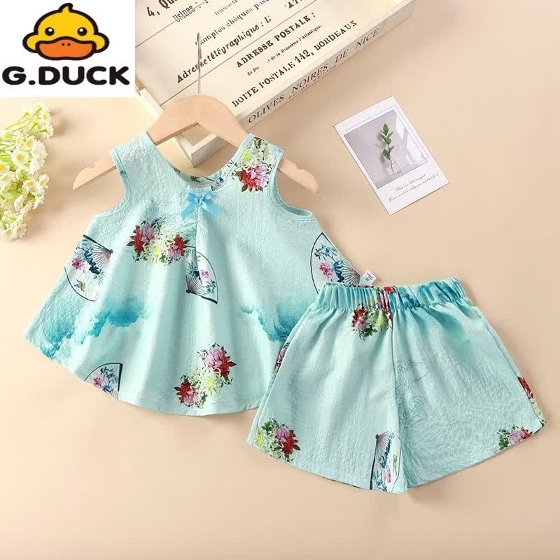 G.duck女童国风夏装吊带儿童汉服套装2026新款服饰女宝宝夏款外穿两件套 国风套装-白色白裤子 110