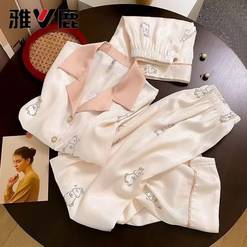 雅鹿三件套夏天冰丝睡衣女短袖短裤加肥加大码胖mm甜美绸缎家居服套装 三件套-白色兔子 XL 建议110-125斤