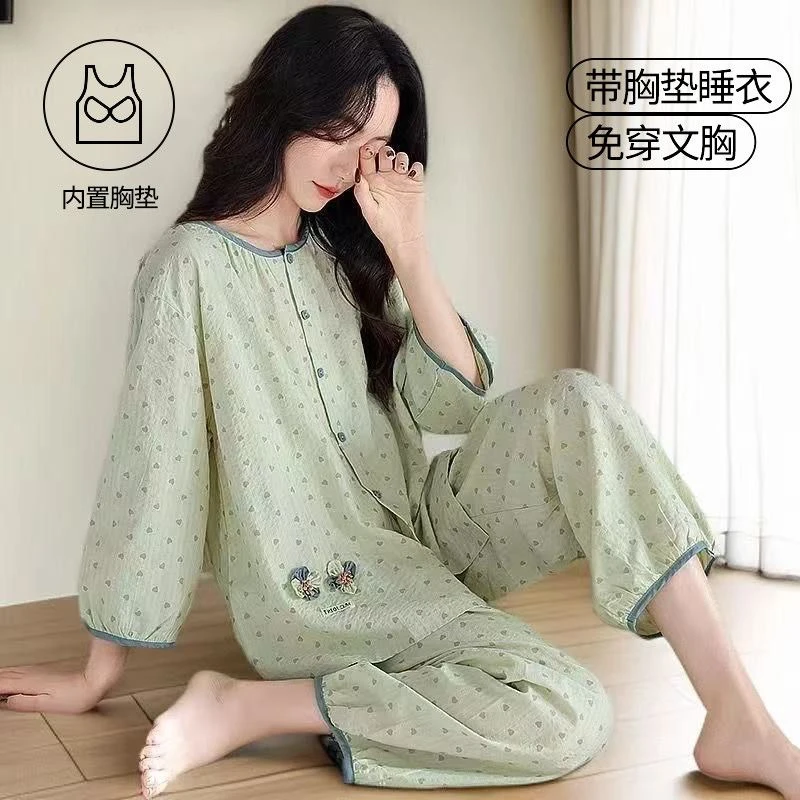 【商场品质】夏季七分袖睡衣套装女款可外穿家居服大码免穿内衣 【自带胸垫】绿云 3XL 【建议135-160斤】
