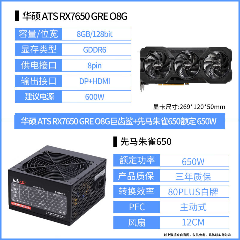 华硕（ASUS） 9060XT 16G/7650GRE 8G 大师/雪豹/巨齿鲨/电竞游戏独立显卡 华硕 ATS RX7650 GRE O8G巨齿1