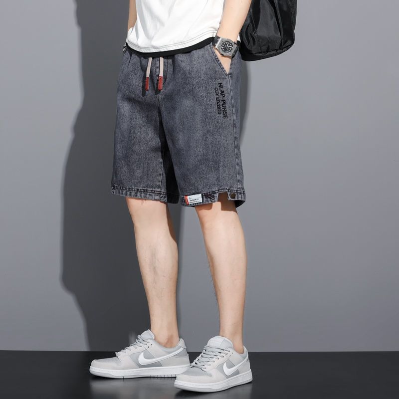 蝴蝶曼2026夏季牛仔短裤男士宽松韩版潮流休闲松紧腰抽绳薄款中裤五分裤 灰色 3XL