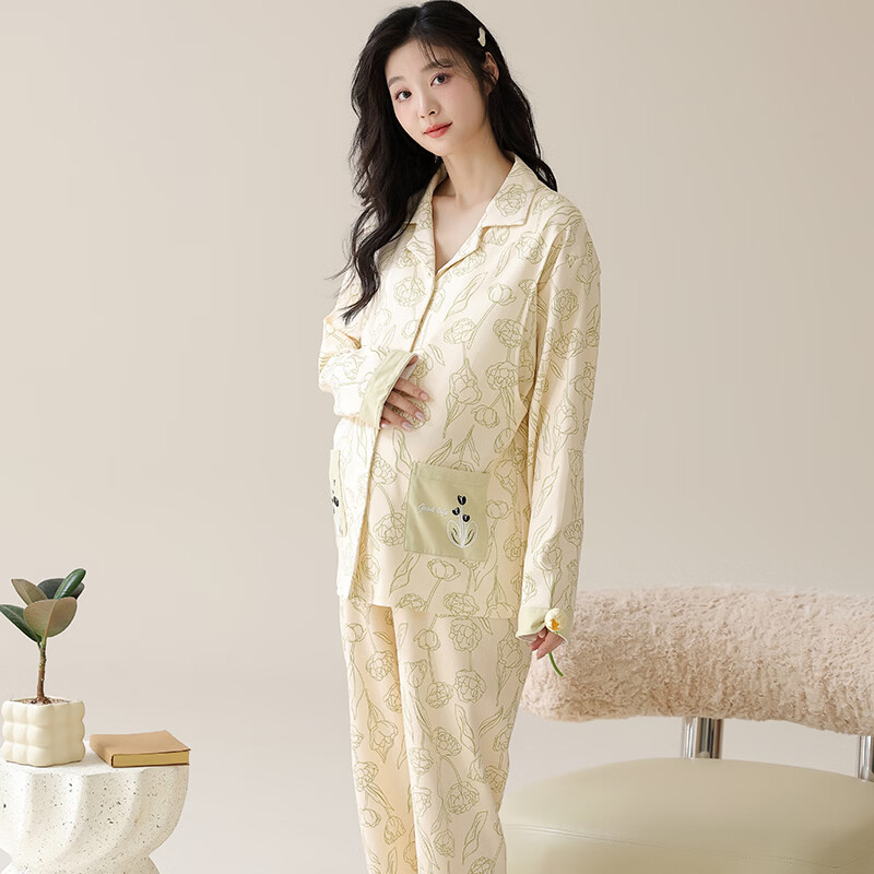ROVO月子服产妇夏季薄款孕妇装产后睡衣套装居家服夏季薄款带胸垫 浅绿印花 XL