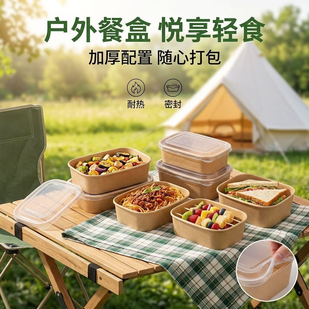 百丽德一次性饭盒露营野餐盒食品级外卖水果分装纸碗加厚打包饭盒带盖子 1000ML 10套
