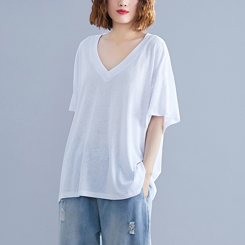 女装夏装新款短袖胖妹妹宽松遮肚子显瘦v领 白色 大码均码建议100-190