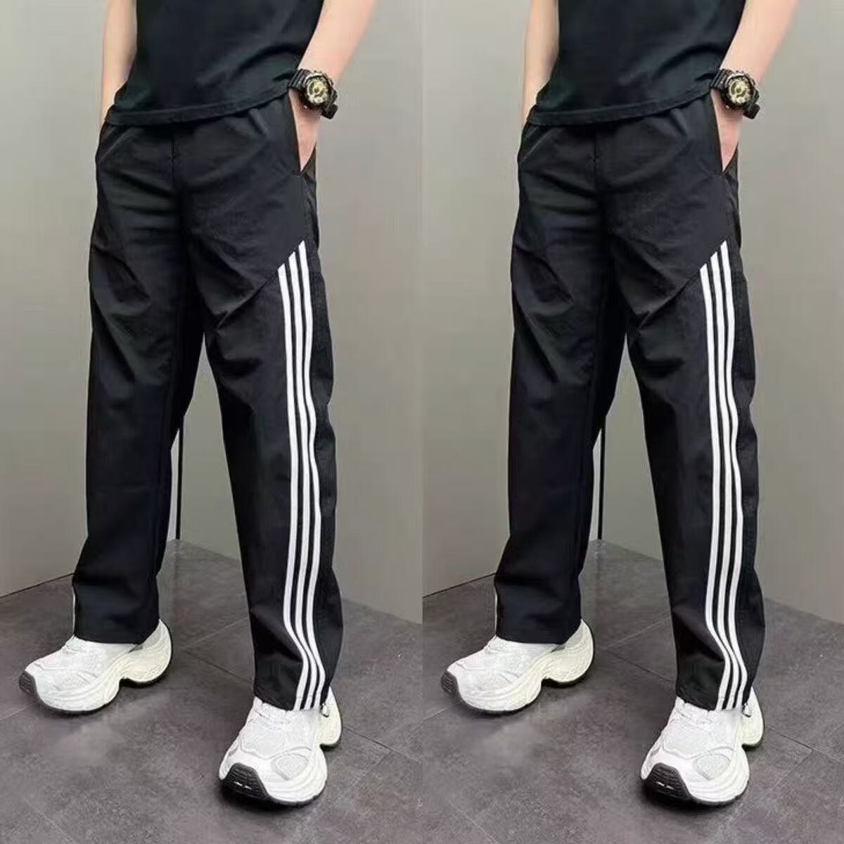 2026夏季新款运动条纹拼接休闲裤男士宽松阔腿裤直筒长裤潮牌WXH 黑白条 XL (建议130-150斤）