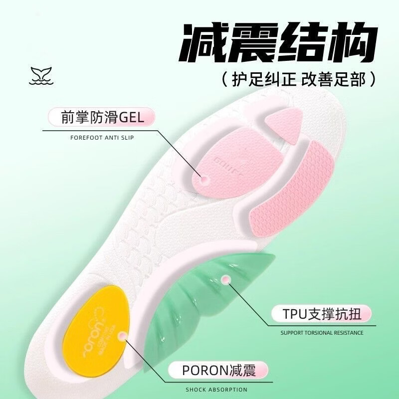 鲸鱼运动鞋垫足弓支撑减震运动回弹缓震吸汗透气久站不累垫 【粉色】鲸鱼垫 45-46