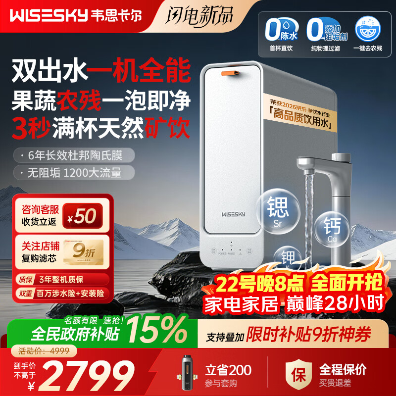 WISESKY韦思卡尔家用净水器D1双出水净矿1200G杜邦陶氏RO膜0阻垢剂破晓银