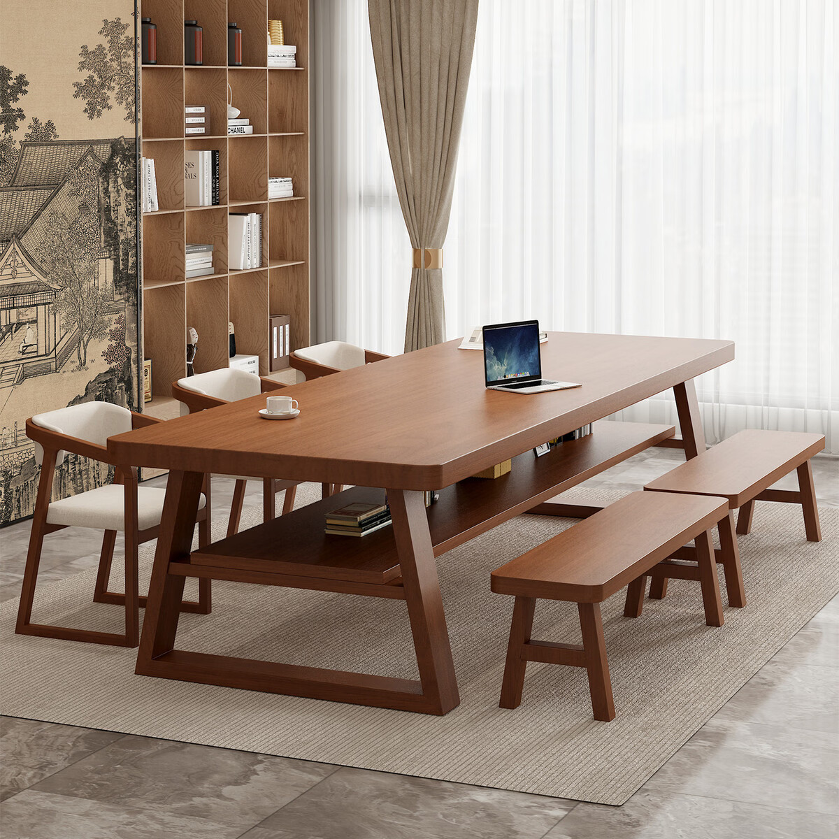 溥畔大长书桌客厅双层大板桌现代简约阅读桌工作台长条桌 长240宽100高75板厚8CM单桌