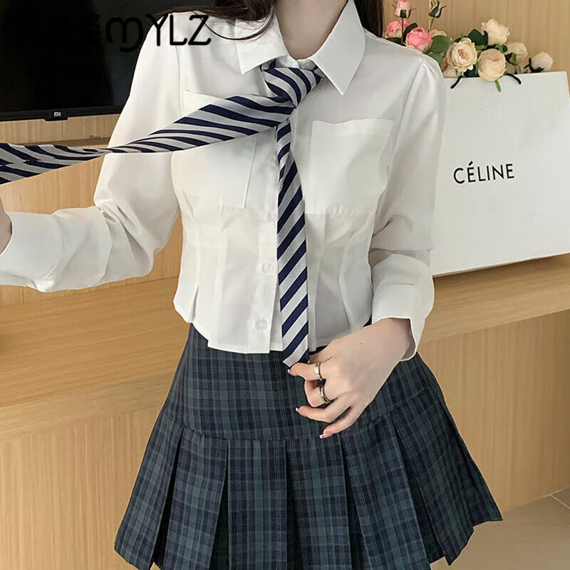 伊离姿学院风jk制服衬衫女2024春秋新款收腰显瘦长袖衬衣设计感短款