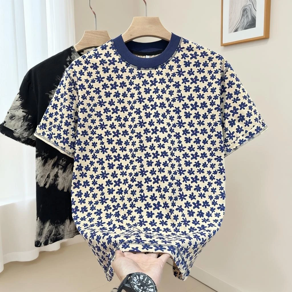 【专柜轻奢】2026夏季高级感新款男士花卉图案短袖T恤休闲风圆领H 蓝花色 【高档轻奢】 M 【建议90-110斤】