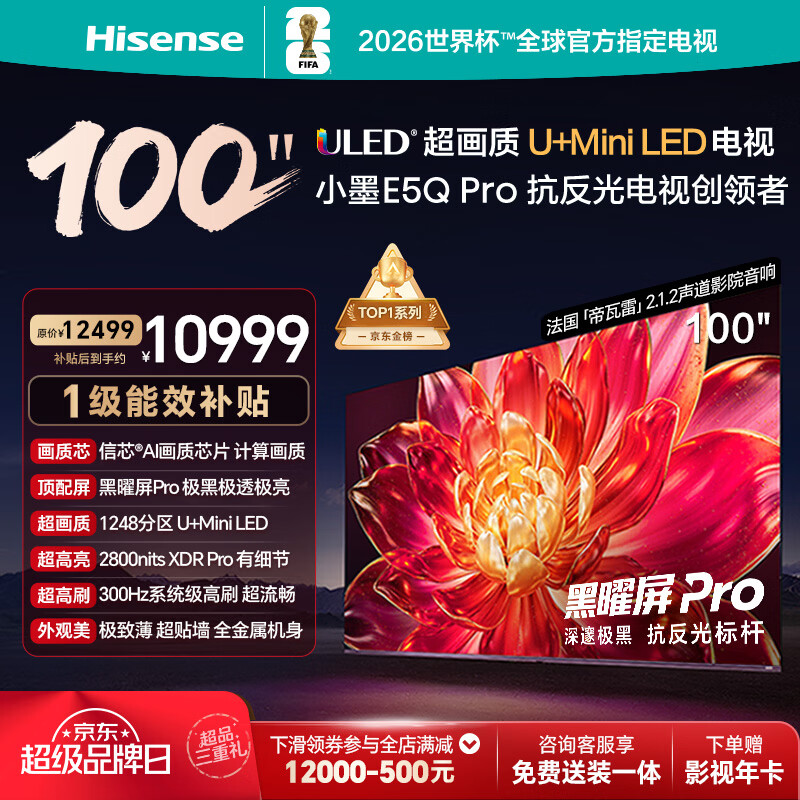 海信电视小墨E5Q Pro 100吋 1248分区U+MiniLED 信芯芯片极黑极透黑曜屏Pro限时补贴世界杯100E5Q-PRO