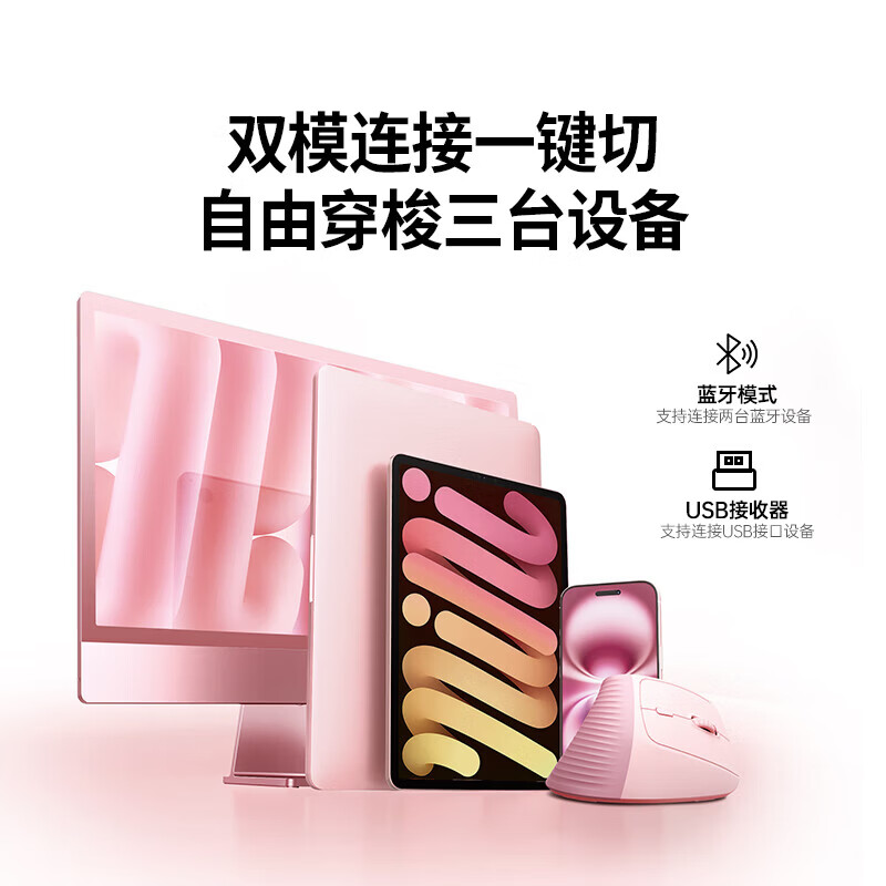 绿联人体工学鼠标 垂直鼠标 轻音无线蓝牙鼠标单模/双模 立式竖握立体鼠标 护手鼠标 笔记本电脑适用 电池款【蓝牙+2.4G】粉色丨硅胶滚轮丨送鼠标垫 【人体工学 | 垂直护腕】