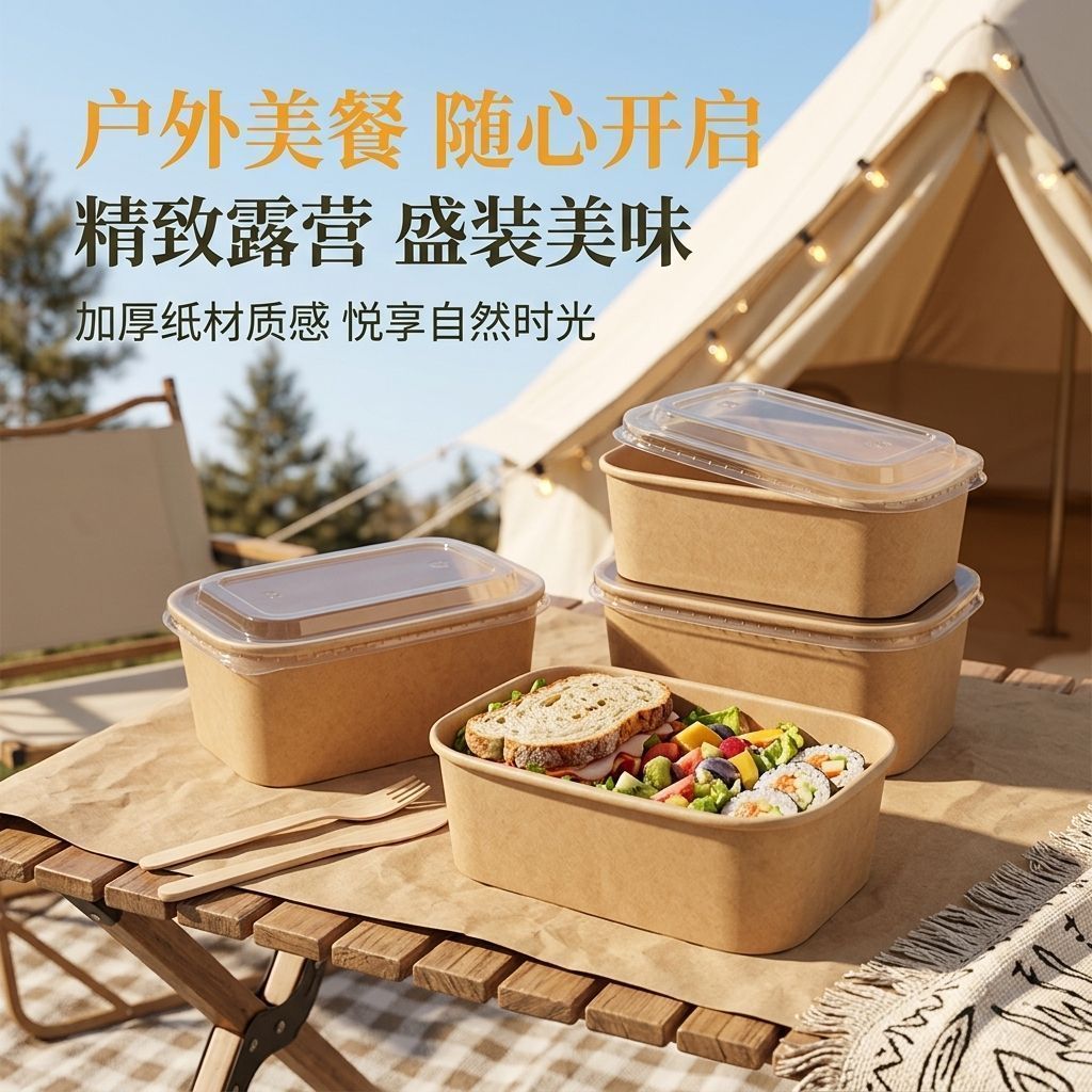 百丽德一次性饭盒露营野餐盒食品级外卖水果分装纸碗加厚打包饭盒带盖子 1000ML 10套